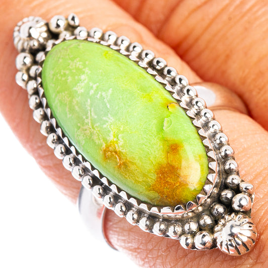 Green teardrop gemstone sterling silver ring with beaded border, size 9