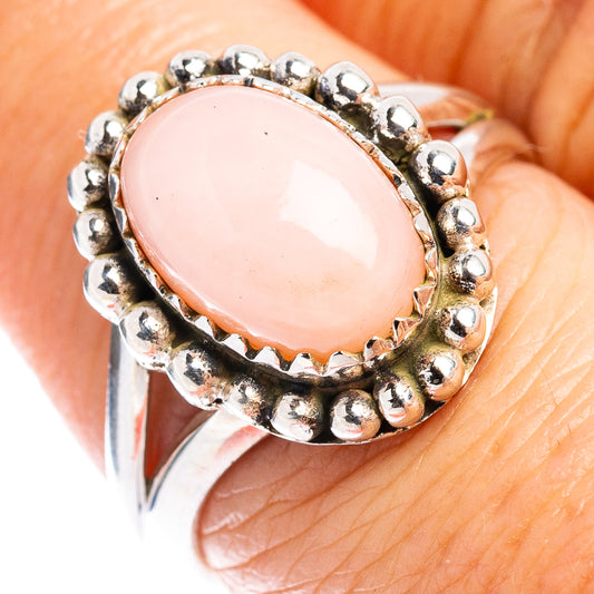 Oval pink stone ring in .925 sterling silver with bead bezel, Native-style setting