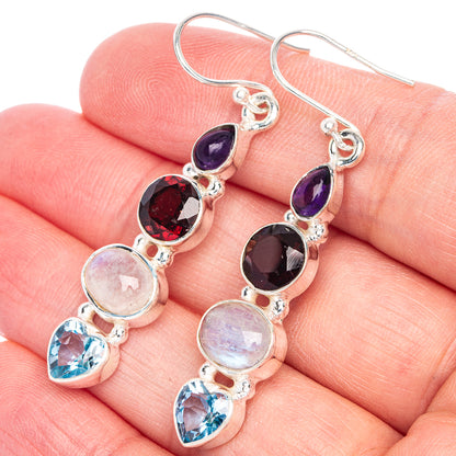 Rainbow Moonstone, Garnet, Amethyst, Blue Topaz Earrings 2" (925 Sterling Silver) E433121
