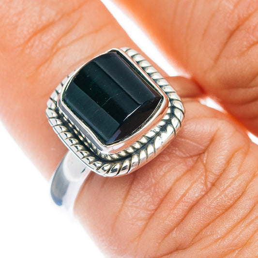 Rectangular dark-green tourmaline ring with .925 sterling silver bezel