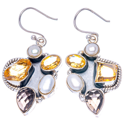 Premium Faceted Citrine, Smoky Quartz, Cultured Pearl Earrings 1 5/8" (925 Sterling Silver) E1601