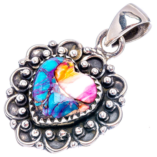 925 sterling silver heart pendant with colorful turquoise-pink mosaic inlay and bail