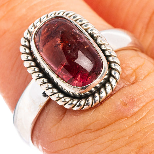 Sterling silver tourmaline ring, oval pink gemstone with rope border, size 6.75