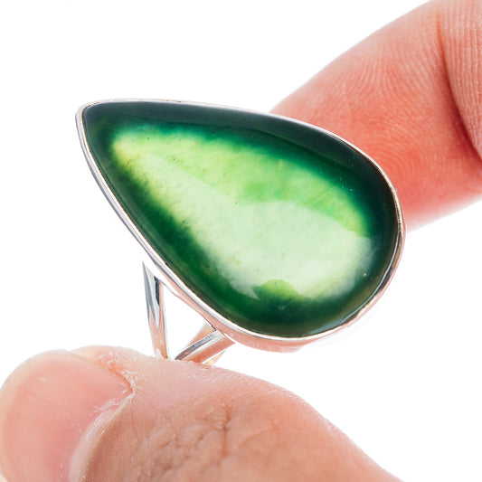 Nephrite jade teardrop ring with green cabochon, .925 sterling silver band
