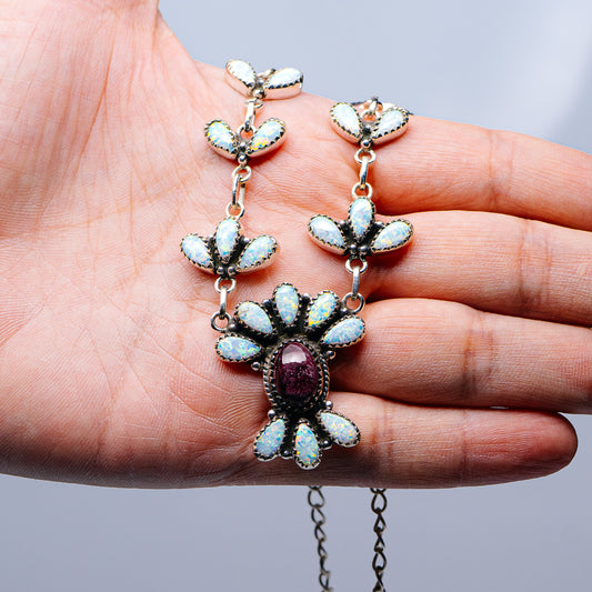 Southwestern Style Purple Spiny Oyster, Lab Opal Necklace 12 to 19" (.925 Sterling Silver)