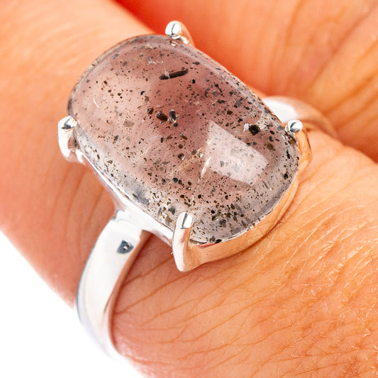Oval rutilated quartz ring in .925 sterling silver, prong-set with dark speckles