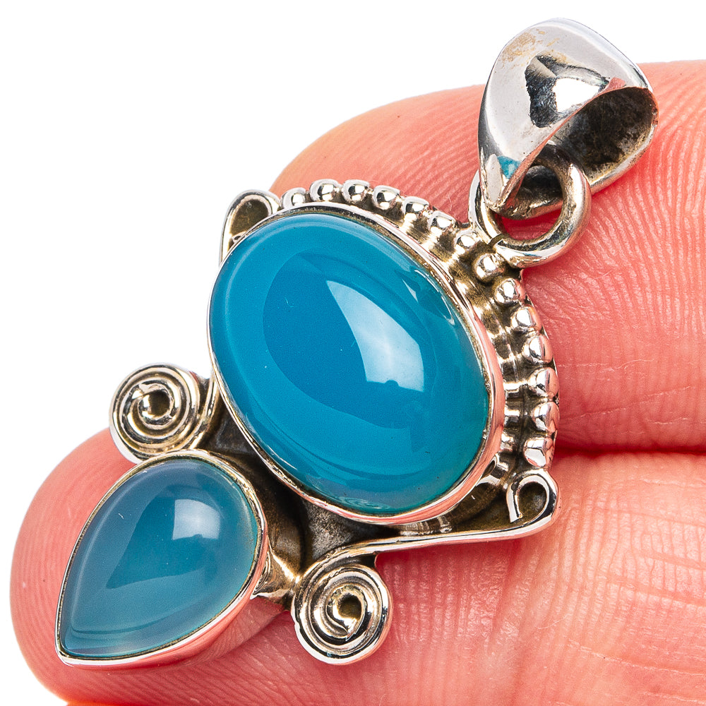 925 sterling silver chalcedony pendant with two oval blue gemstones and ornate setting