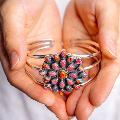 Sponge Coral, Rhodonite, Pink Dahlia Turquoise Cuff Bracelet Adjustable (.925 Sterling Silver)