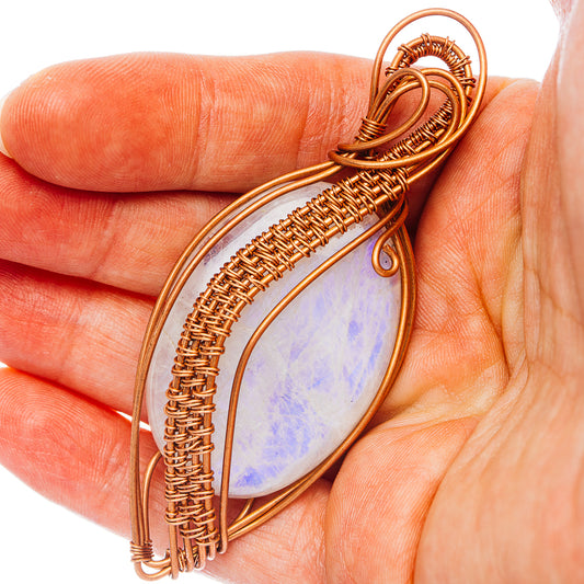 Rainbow Moonstone Wire Wrap Pendant 3 1/8" (Copper)