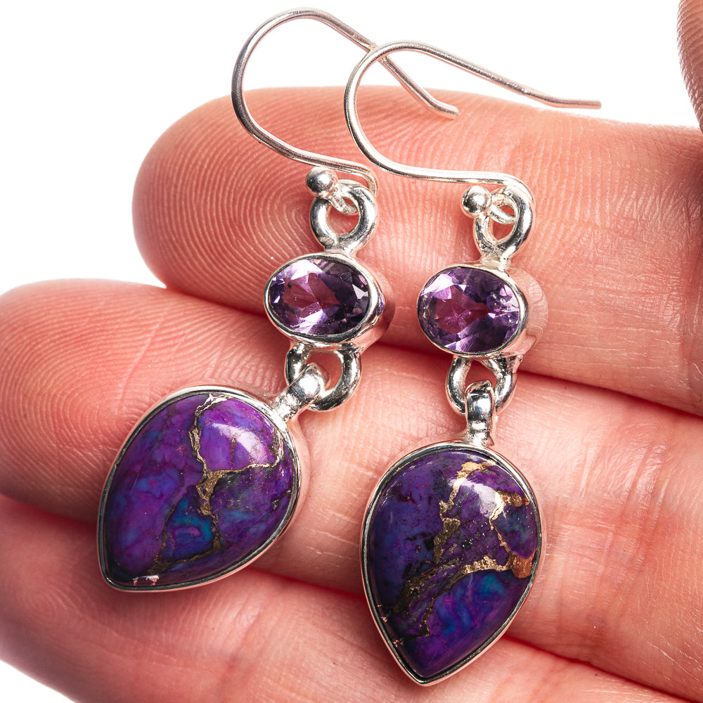 Purple amethyst and purple stone drop heart earrings in sterling silver settings