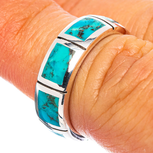 Turquoise inlay sterling silver ring with geometric bezel, size 5.5