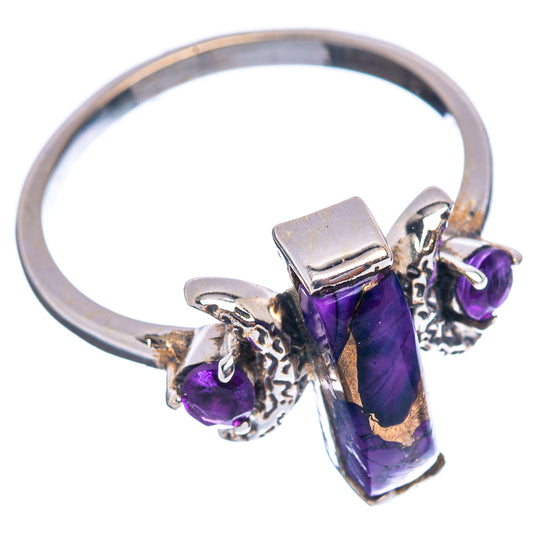 Sterling silver band ring with purple amethyst center bar and small round side stones