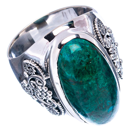 Oval green chrysocolla ring, .925 sterling silver with detailed filigree side setting