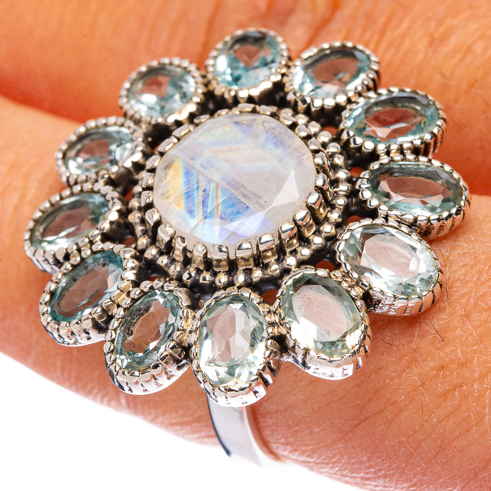 Large Rainbow Moonstone, Blue Topaz Ring Size 8 (925 Sterling Silver) R146238