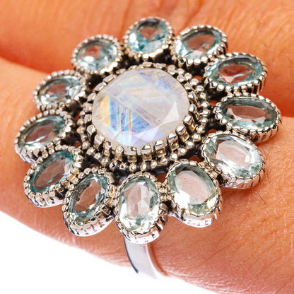 Large Rainbow Moonstone, Blue Topaz Ring Size 8 (925 Sterling Silver) R146238