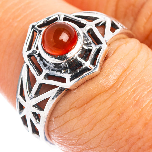 Sterling silver dainty web ring with red carnelian gemstone, size 7