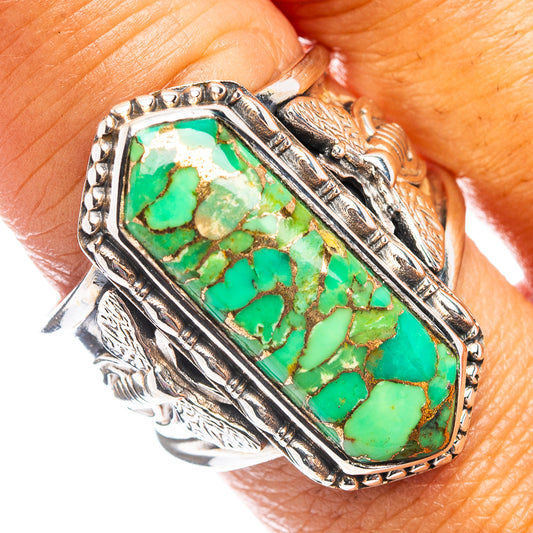 Sterling silver ring with green turquoise oval cabochon, ornate bezel, size 9.25