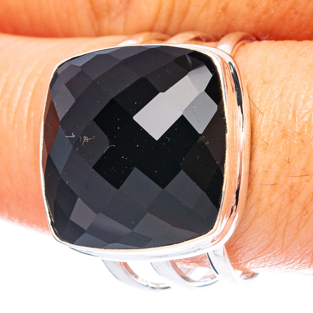 Sterling silver ring with square black faceted onyx gemstone