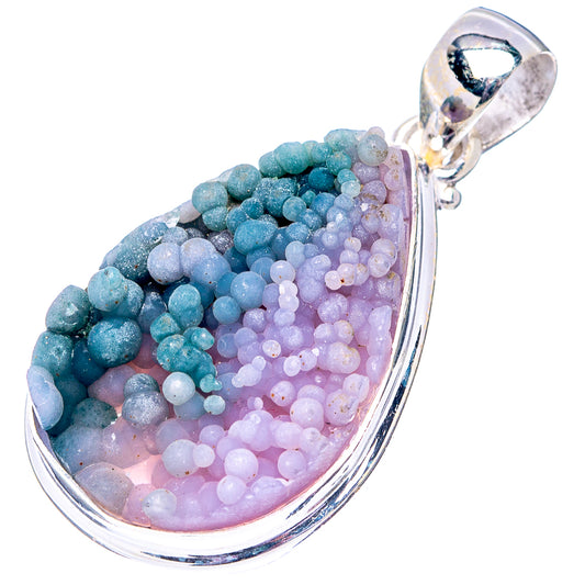 Large teardrop .925 sterling silver pendant with blue-green and lilac druzy agate