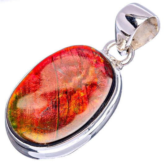 Sterling silver ammolite pendant with oval cabochon and bail; red-orange iridescence.