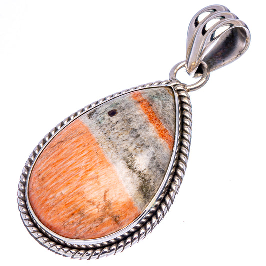 Teardrop gemstone pendant in .925 sterling silver, orange and gray cabochon