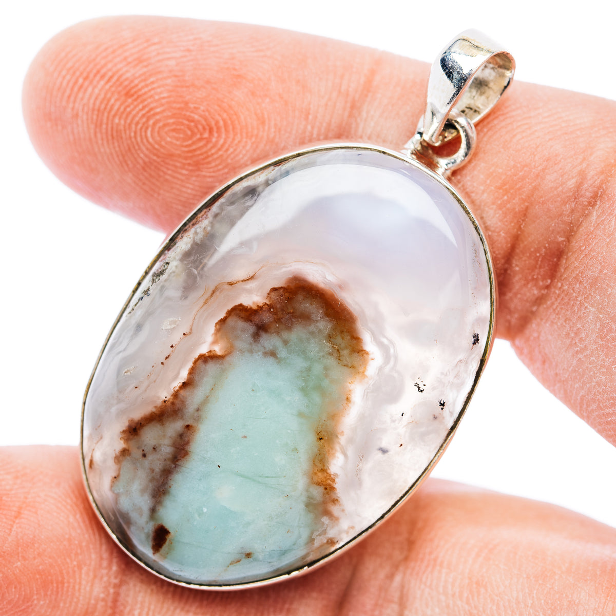 925 sterling silver oval pendant with aquaprase cabochon; white with blue and brown veining