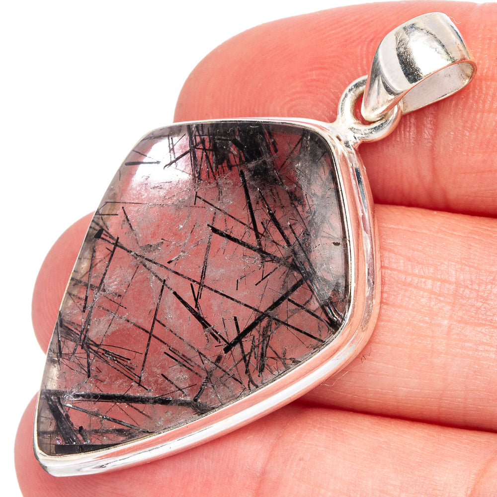 Tourmalinated quartz pendant in polished 925 sterling silver setting, dark needle inclusions
