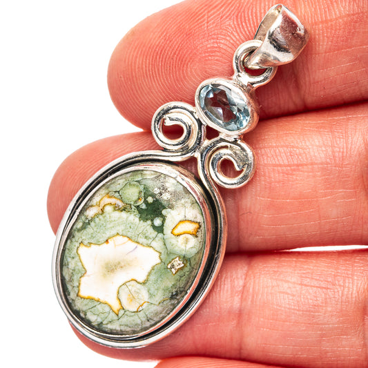 Rainforest Jasper, Blue Topaz Pendant 1 7/8" (.925 Sterling Silver)