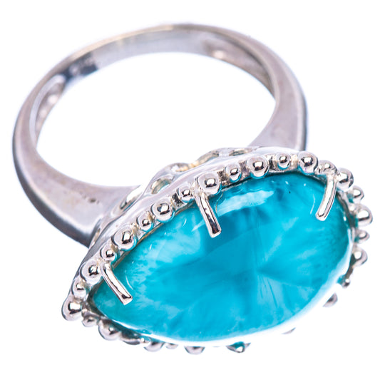 Larimar oval gemstone ring, .925 sterling silver band with side prong details