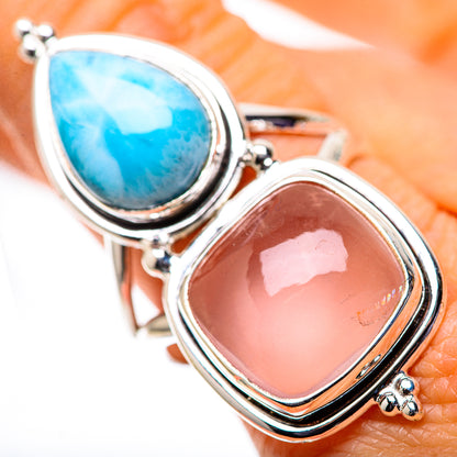 925 sterling silver ring with oval blue larimar and oval rose quartz stones
