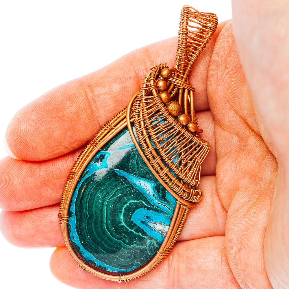 Malachite In Chrysocolla Wire Wrap Pendant 2 7/8" (Copper)