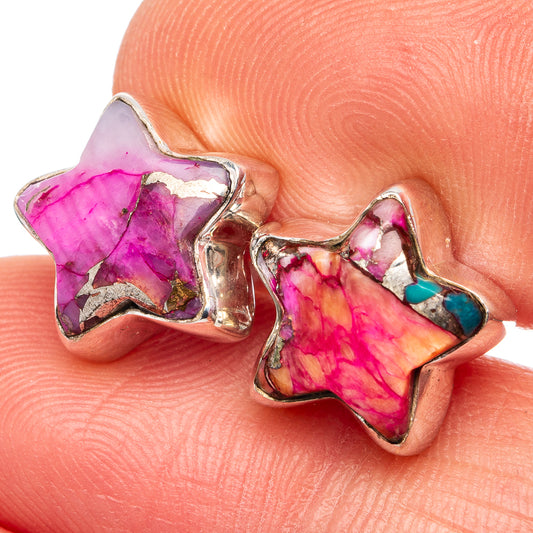 Pink and magenta star gemstone stud earrings with turquoise accents, .925 sterling silver