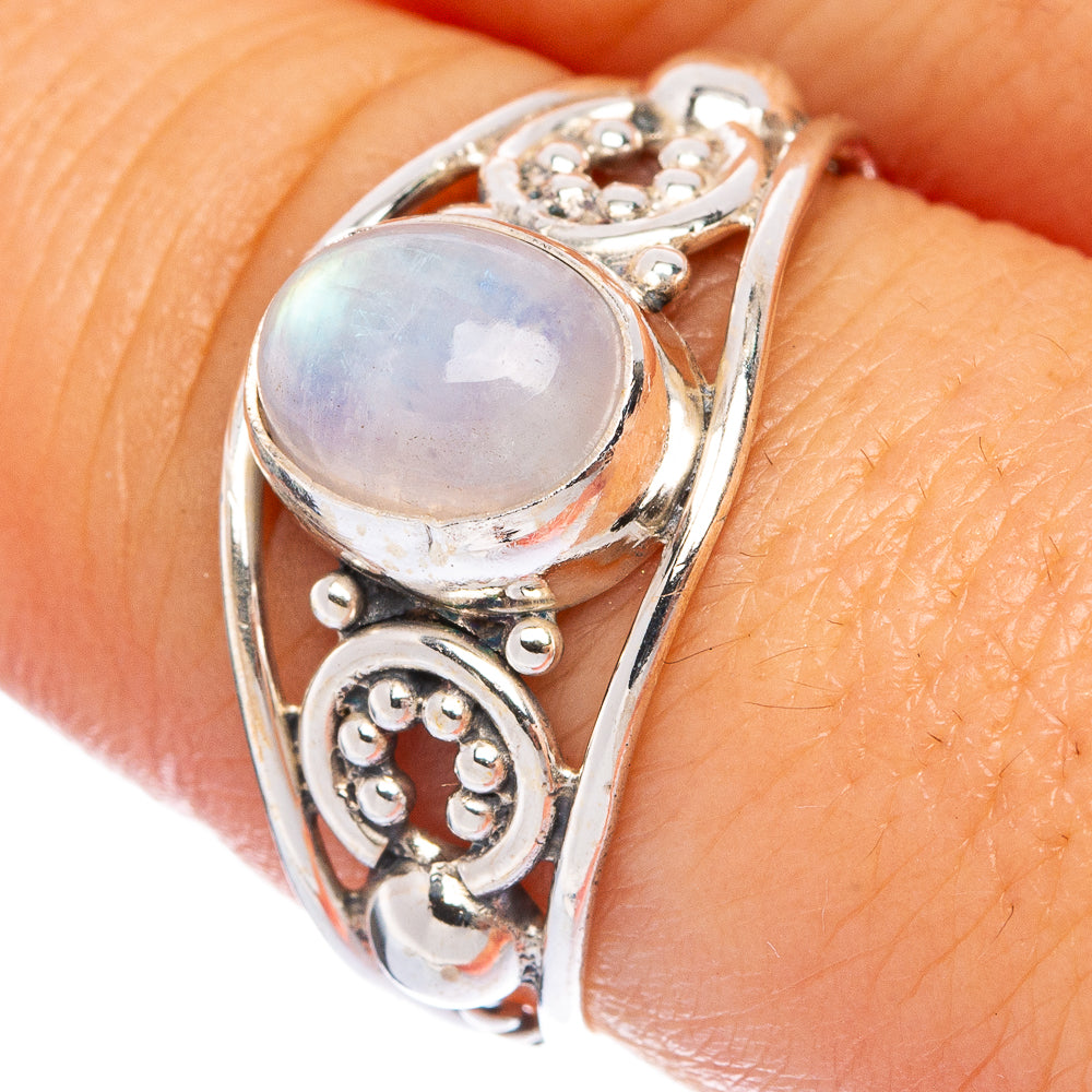 Sterling silver dainty ring with round opalescent moonstone cabochon and filigree