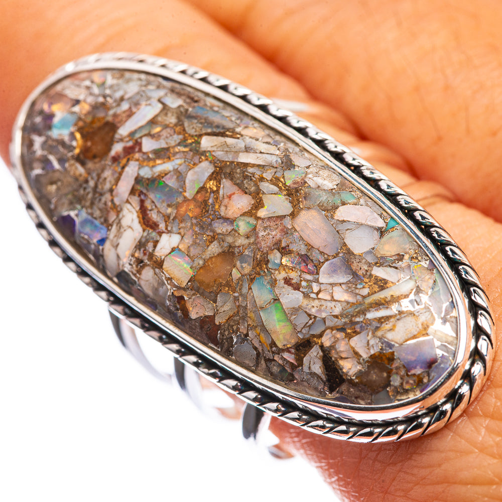 Sterling silver oval opal mosaic ring with rope bezel, rainbow iridescent stone pieces