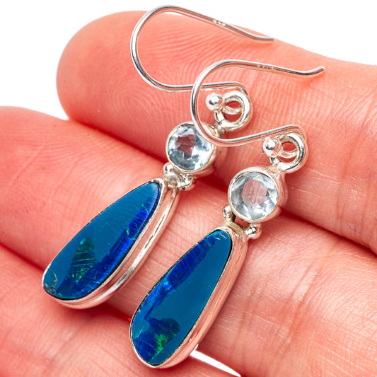 Rare Doublet Opal, Blue Topaz Earrings 1 5/8" (925 Sterling Silver) E1652
