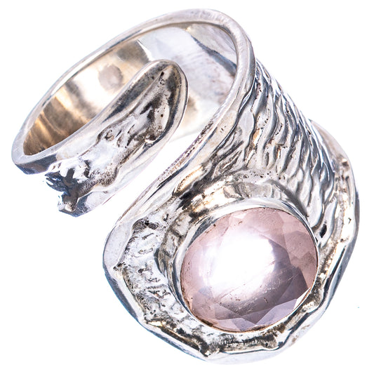 Adjustable .925 sterling silver ring with rose quartz oval stone and ridged band