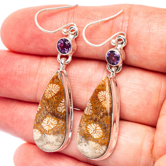 Amethyst purple and fossil coral orange teardrop drop earrings in sterling silver