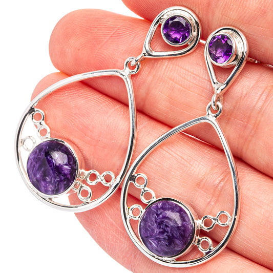 Sterling silver teardrop earrings with purple amethyst cabochon and dangling hoops