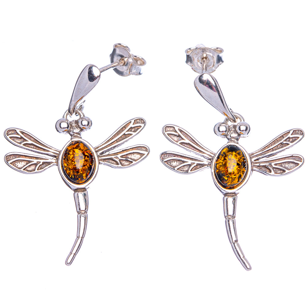 Baltic Amber Dragonfly Earrings 1 3/8" (.925 Sterling Silver)