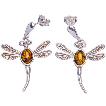 Baltic Amber Dragonfly Earrings 1 3/8" (.925 Sterling Silver)