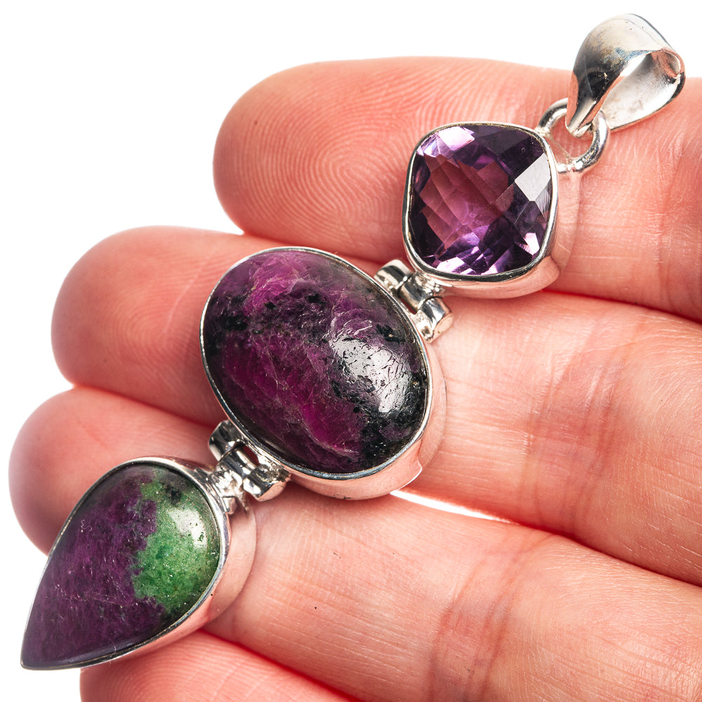 Ruby Zoisite, Amethyst 925 Sterling Silver Pendant 2 1/2"