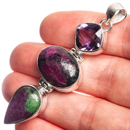 Ruby Zoisite, Amethyst 925 Sterling Silver Pendant 2 1/2"