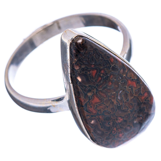 Sterling silver dinosaur bone ring, dark brown-red teardrop face, size 10