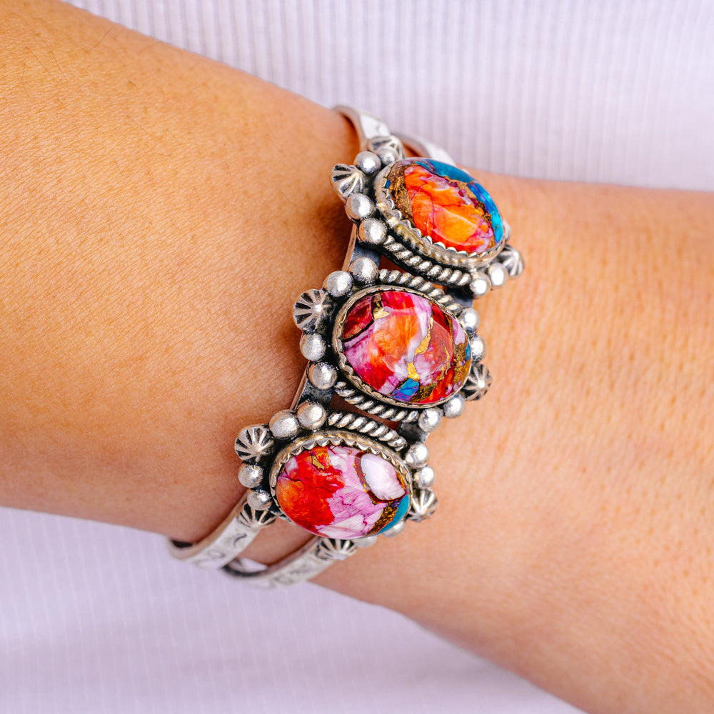 Pink Dahlia Turquoise Bracelet Adjustable (.925 Sterling Silver)