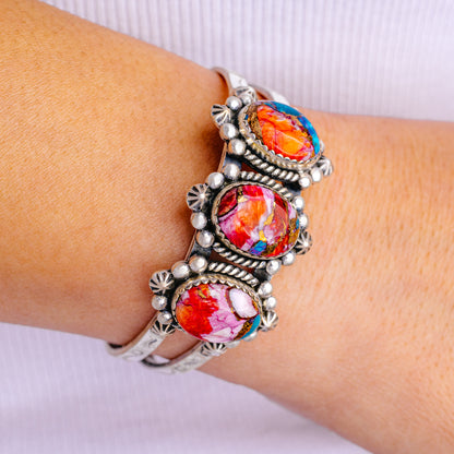 Pink Dahlia Turquoise Bracelet Adjustable (.925 Sterling Silver)