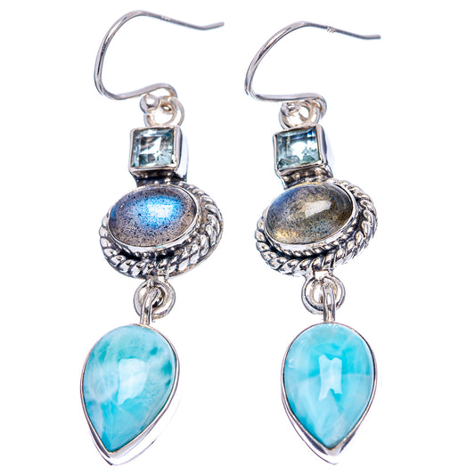 Sterling silver dangle earrings with square blue topaz, oval labradorite, teardrop larimar