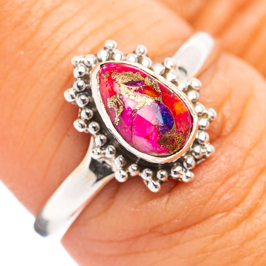 Sterling silver ring with teardrop cabochon in pink, red, and blue