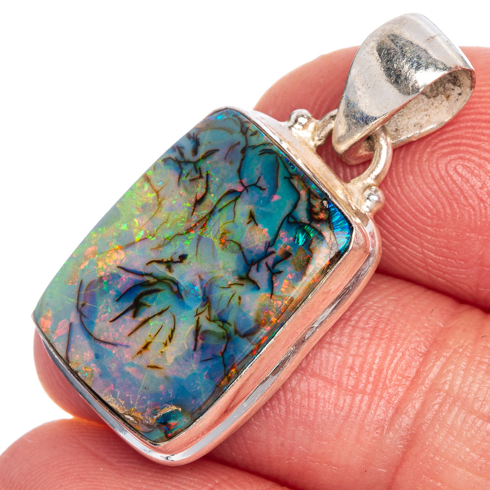 Sterling silver opal pendant, rectangular colorful stone with silver bezel and bail