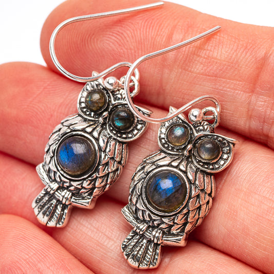 Sterling silver owl drop earrings with round labradorite-style stones, fishhook backs