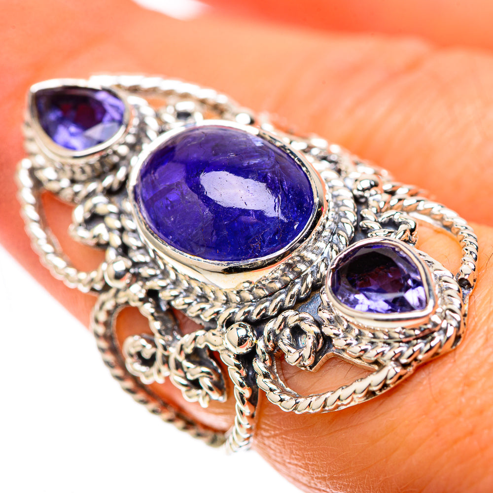 Sterling silver tanzanite ring, size 7, oval purple gemstone with ornate side halos